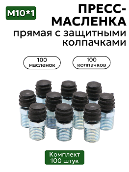 Комплект прямых пресс-масленок М10х1 с защитным колпачком 100 шт